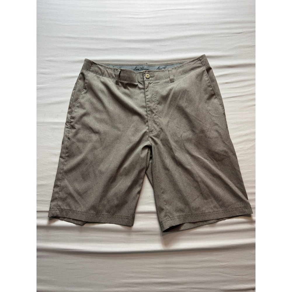 Ben Hogan Mens 34 Performance Golf Shorts Tan Herringbone Flat Front Stretch